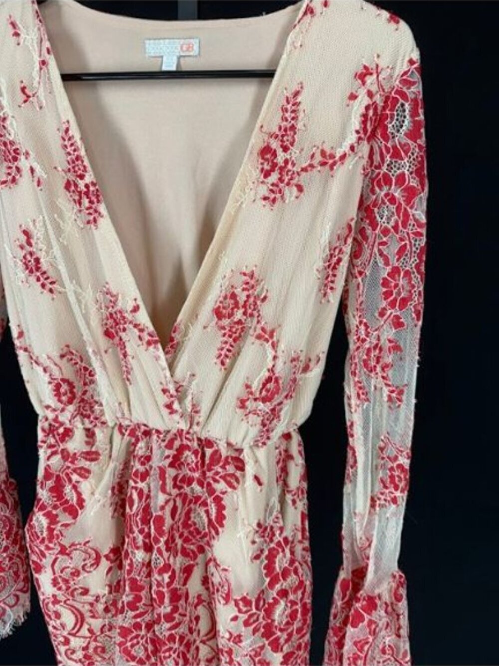 Gianni Bini Red Lace Sheer Long Sleeve Romper - Picture 2 of 5